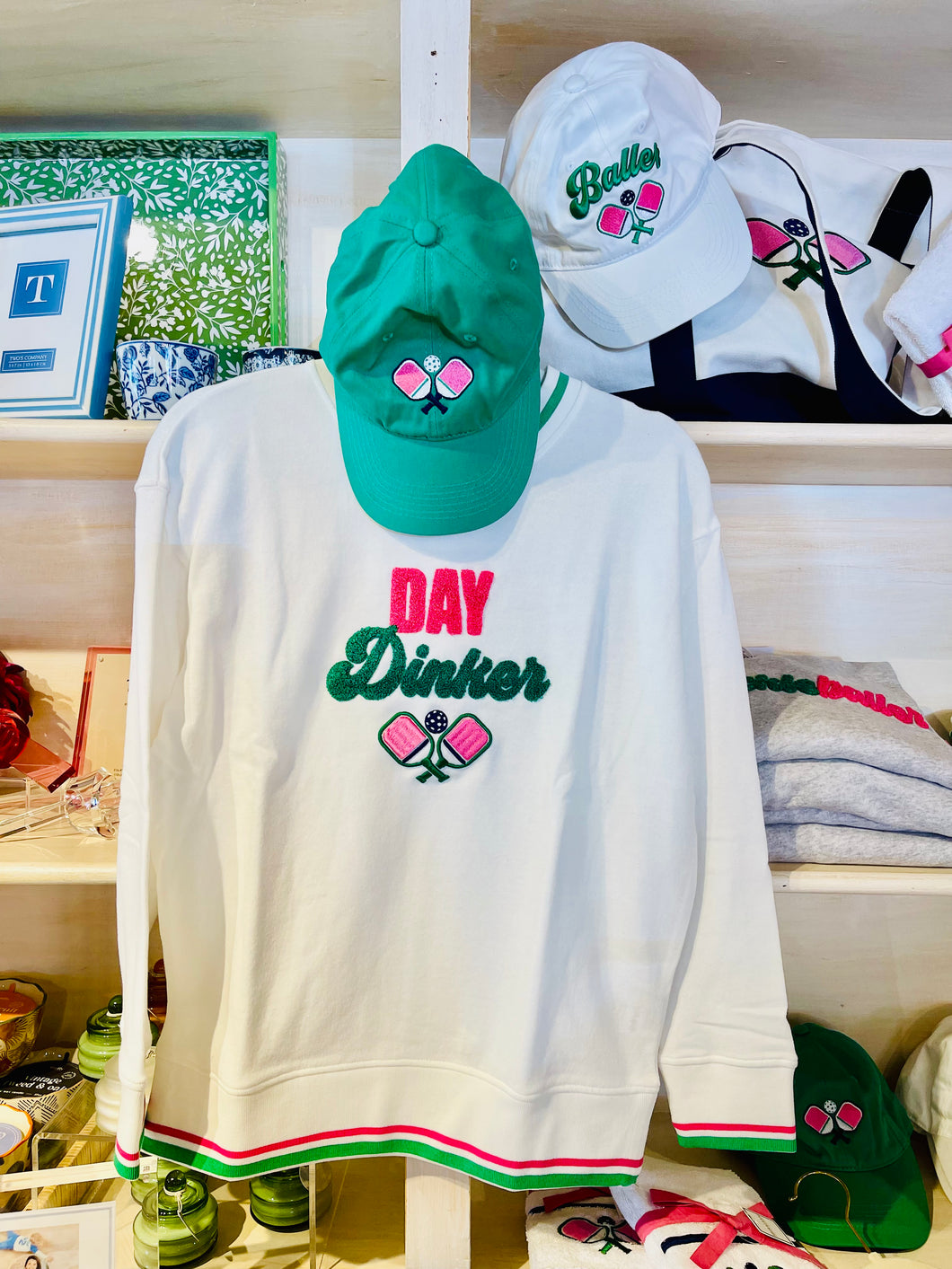 Day Dinker White Sweatshirt with Pink and Green Lettering and Detail