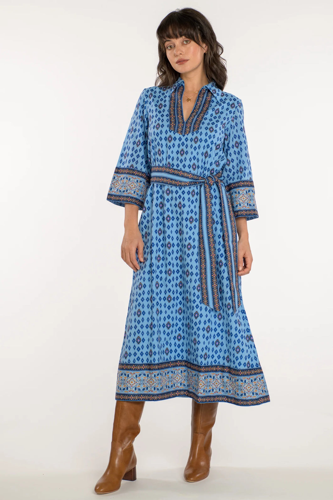 Talia Calico Blue Pattern Dress with a Tie Belt