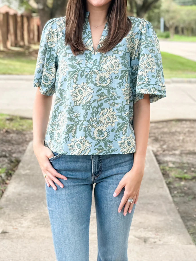 Candace Light Blue with Olive and Ivory floral print
