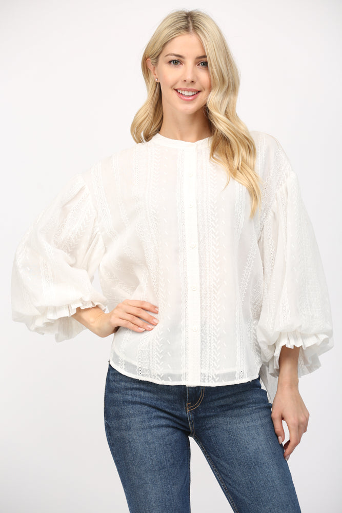 Cora Off Wight Broderie Cotton Viole Bubble Sleeve Blouse