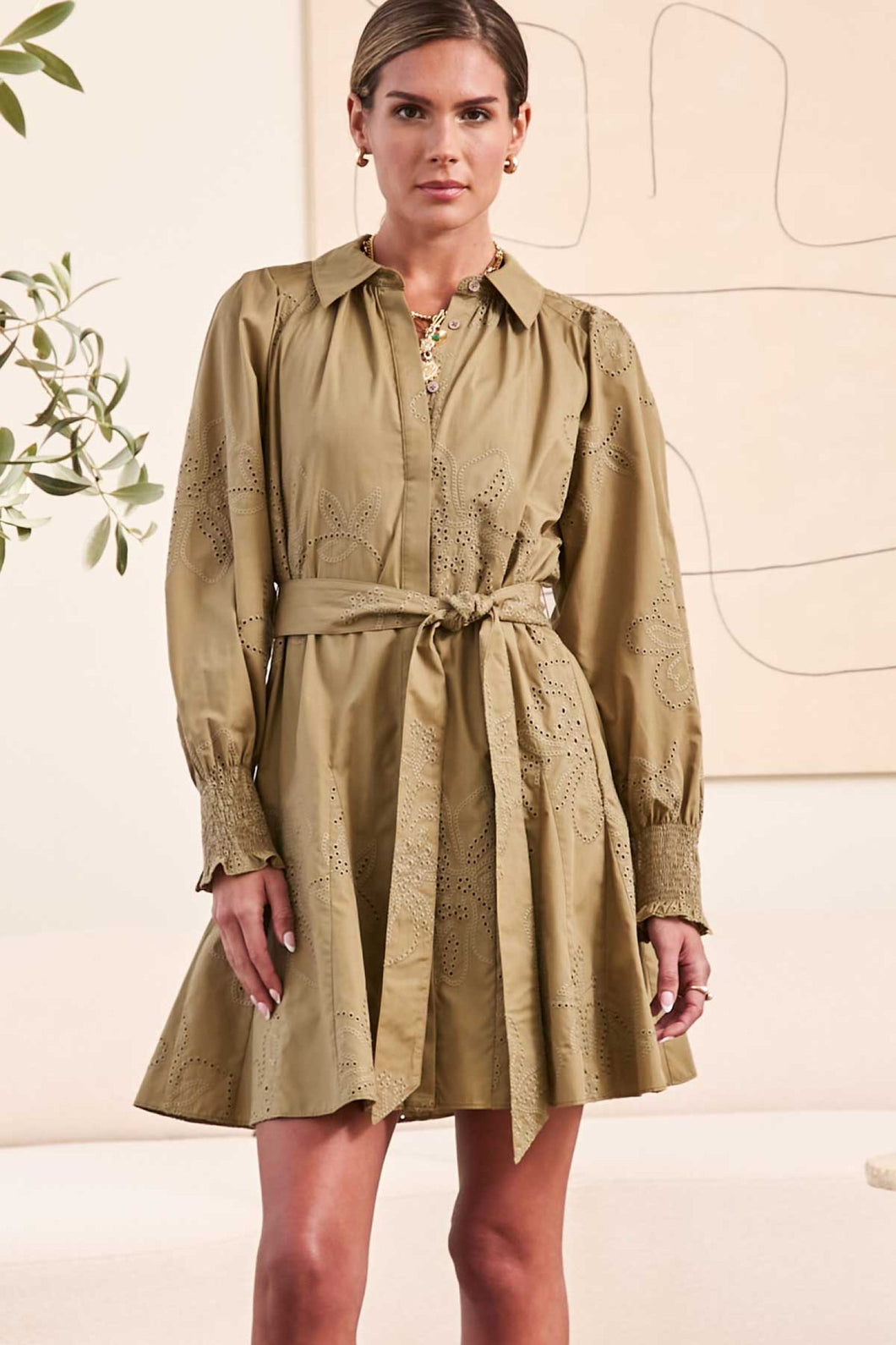 Cramer Olive green eyelet collared Dress with Tie waist