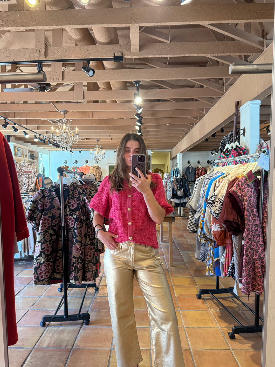 Lydia Pink Tweed Button Down Puff Sleeve Top