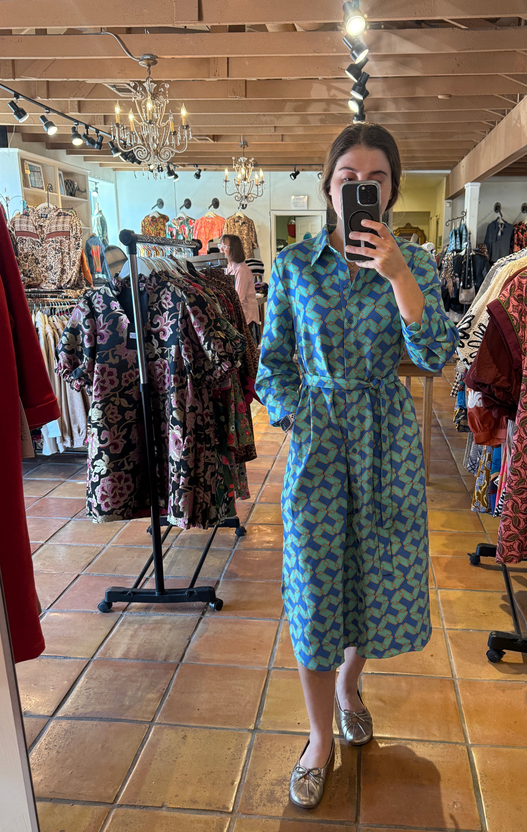 Jules Long Blue and Green Faux Suede 3/4 sleeve Button Down Shirt Dress with Tie