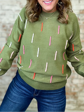 Load image into Gallery viewer, Dash Sweater in Olive and in Cream with Color Stitching
