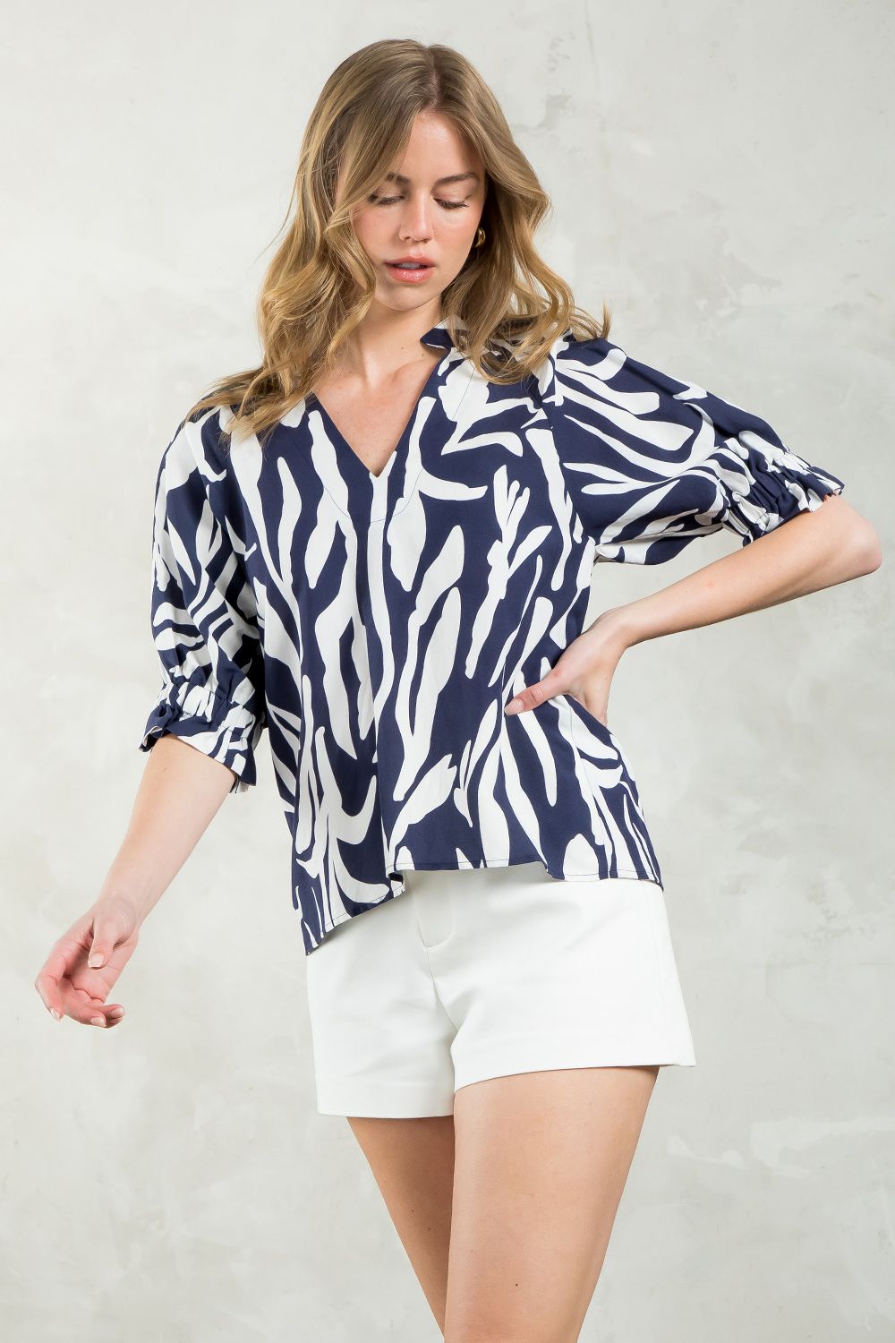 Delany Navy and White V Neck Puff Sleeve Top