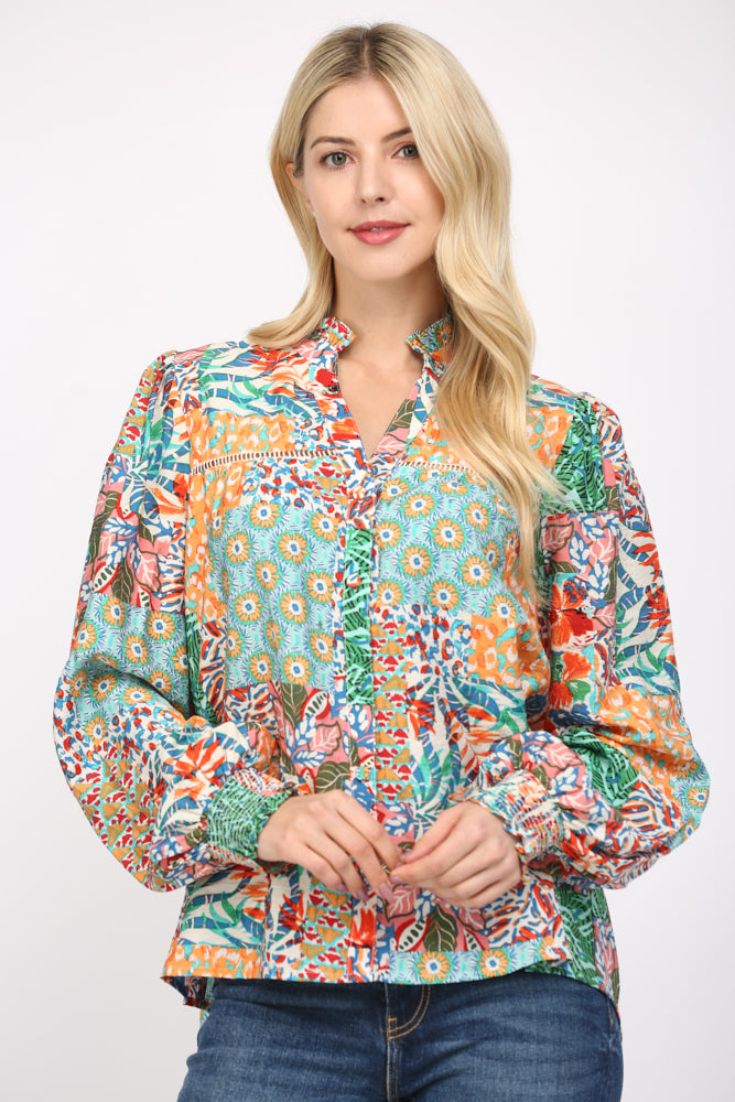 Demi Multi Color Floral Printed Ruffle Neck Blouse