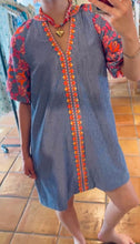 Load image into Gallery viewer, Morgan Blue and white stripe with Orange floral embroidered Sleeve and Trimmed Dress
