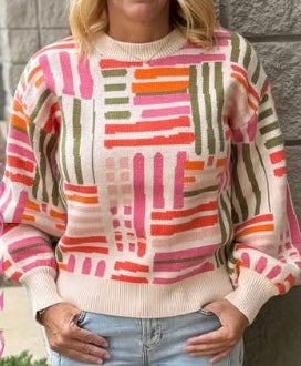 Piper Olive Pink and Orange Geo Design Sweater
