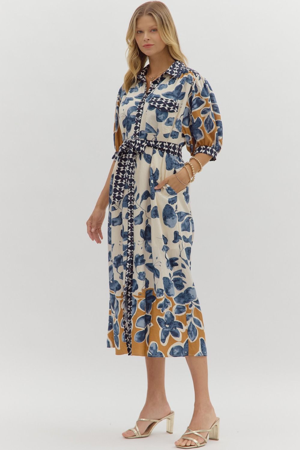 Emma long belted Slate blue belted dress