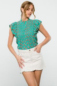 Evergreen Green with Red Pattern Ruffle Sleeve with Pleated Front Top