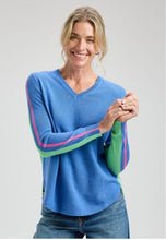 Load image into Gallery viewer, Chandler Blue V Neck Sweater with Lime green and Pink accents
