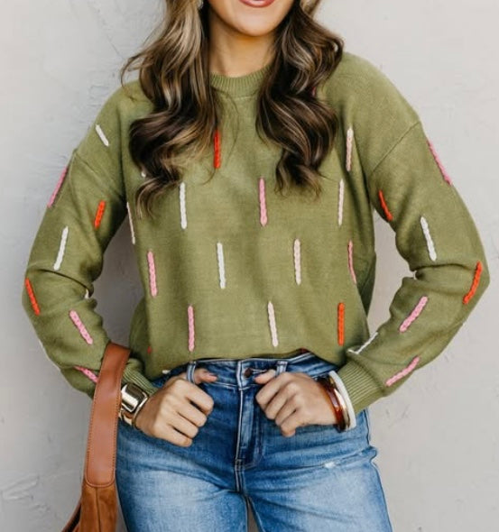 Dash Sweater in Olive and in Cream with Color Stitching