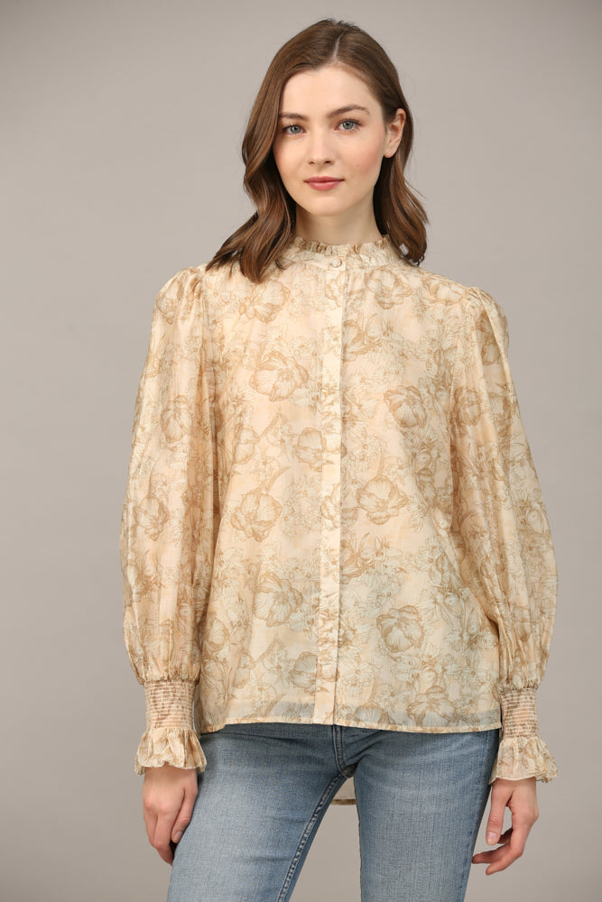 Fallen Taupe Floral Print Ruffle Neck Top