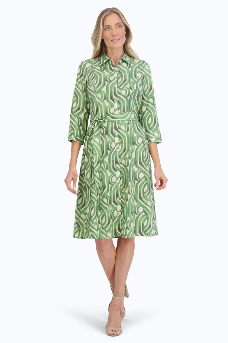 Fiona Non Iron Green Watercolor Braided Pattern Dress