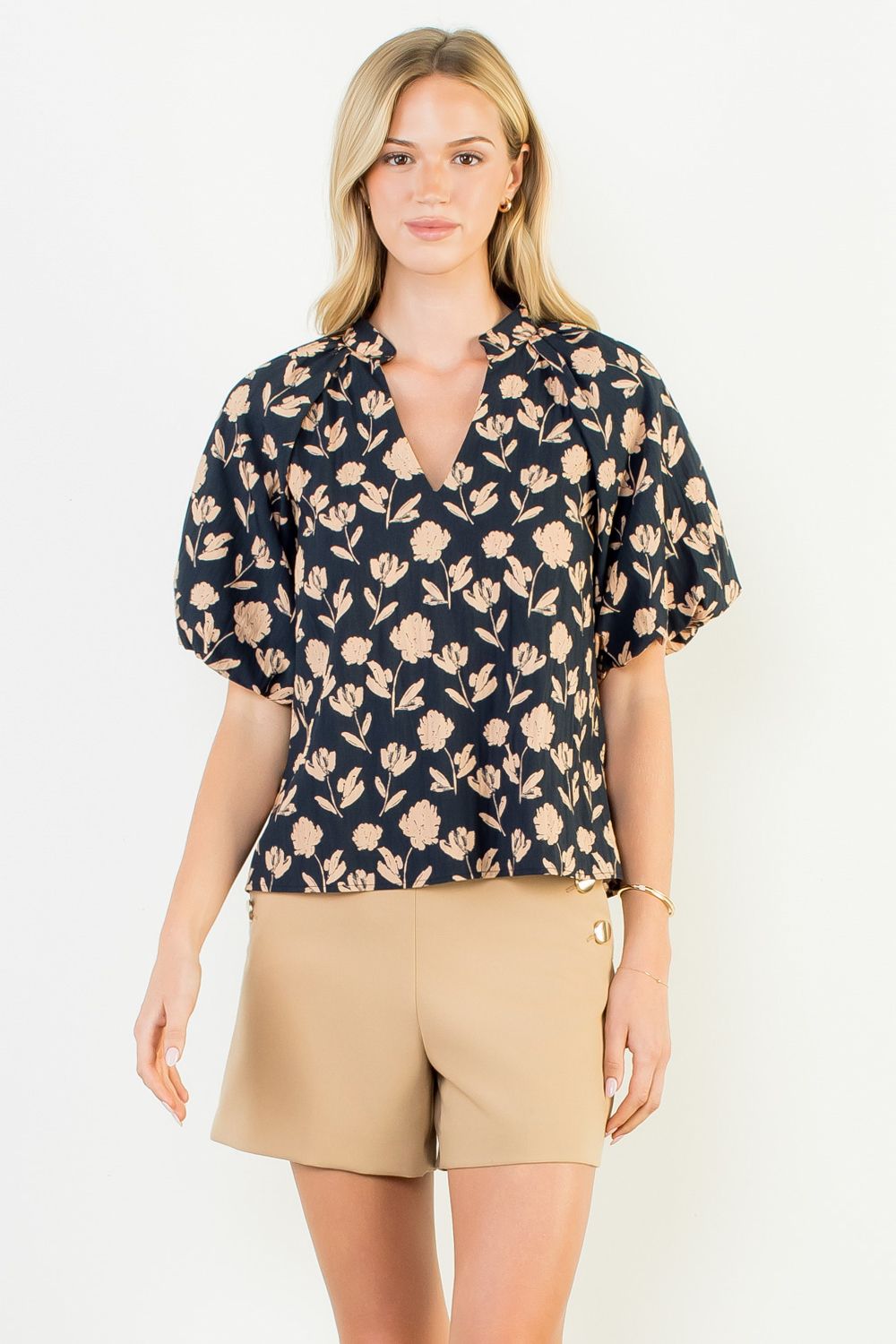 Fran Puff Sleeve Black top with Tan Floral pattern