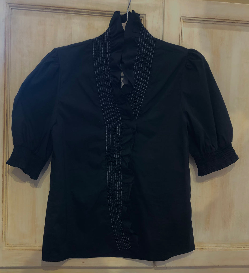 Tyler Black Top with White Stitching Puff Sleeve Top