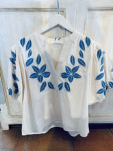 Load image into Gallery viewer, Leland Off white Puff sleeve top with Blue embrodered Flowers
