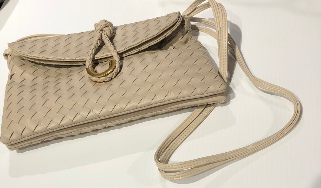 Alexis Bone Woven Clutch Handbag with Gold Buckle knot Closure