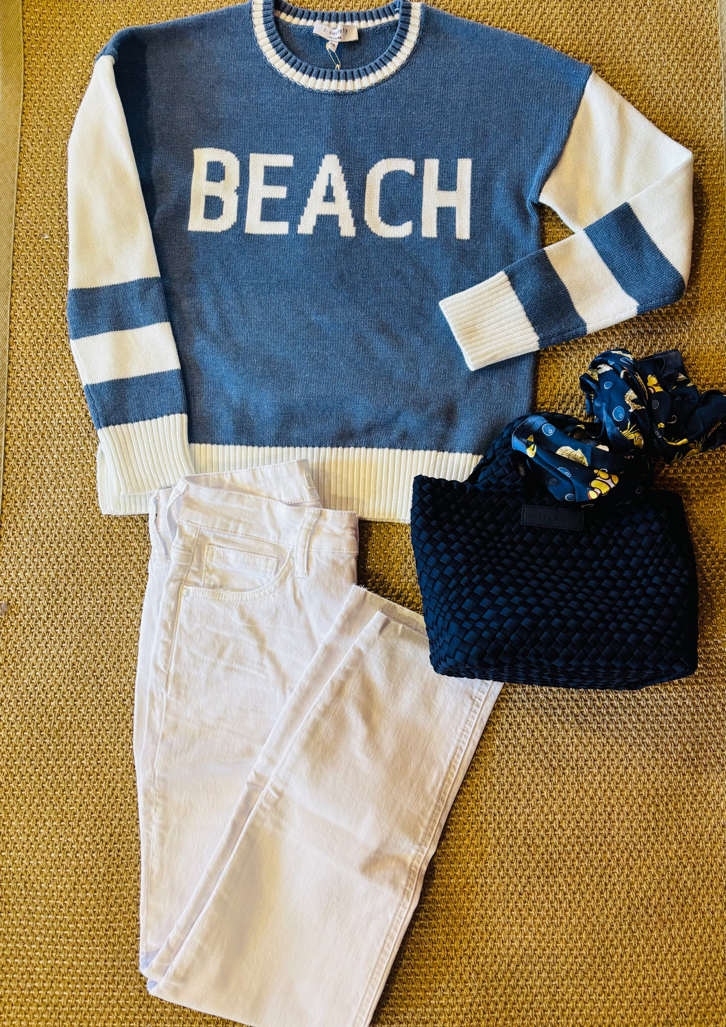 Beach Sweater in Denim Blue and White