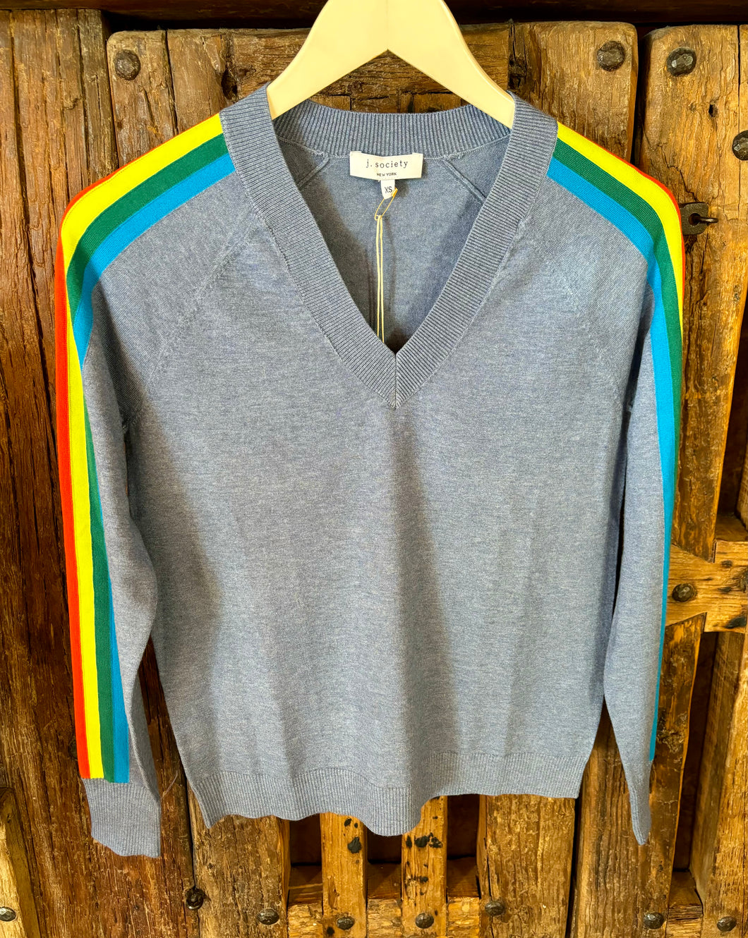 Nancy Blue Denim V Neck Sweater with Bright Stripe Accent