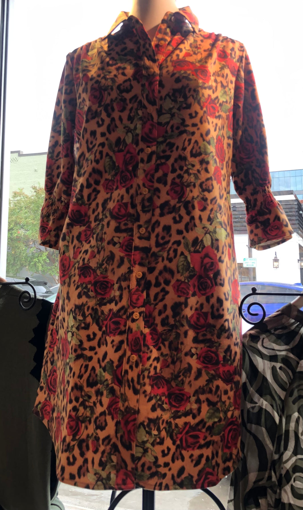 Cherie Button Down Gold Dress Red Rose Pattern