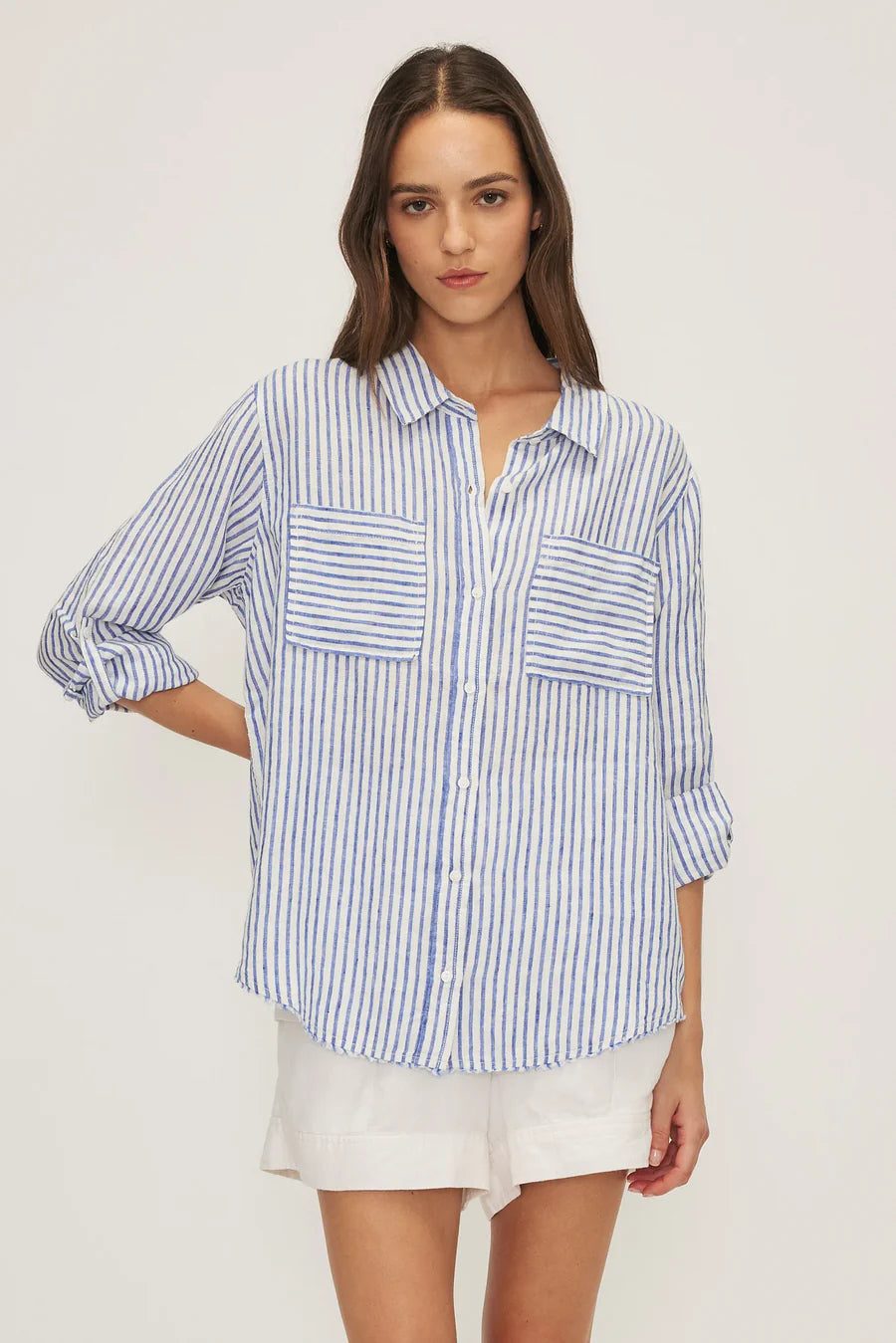 Garcia Blue and White Striped Linen and Cotton Blend Top