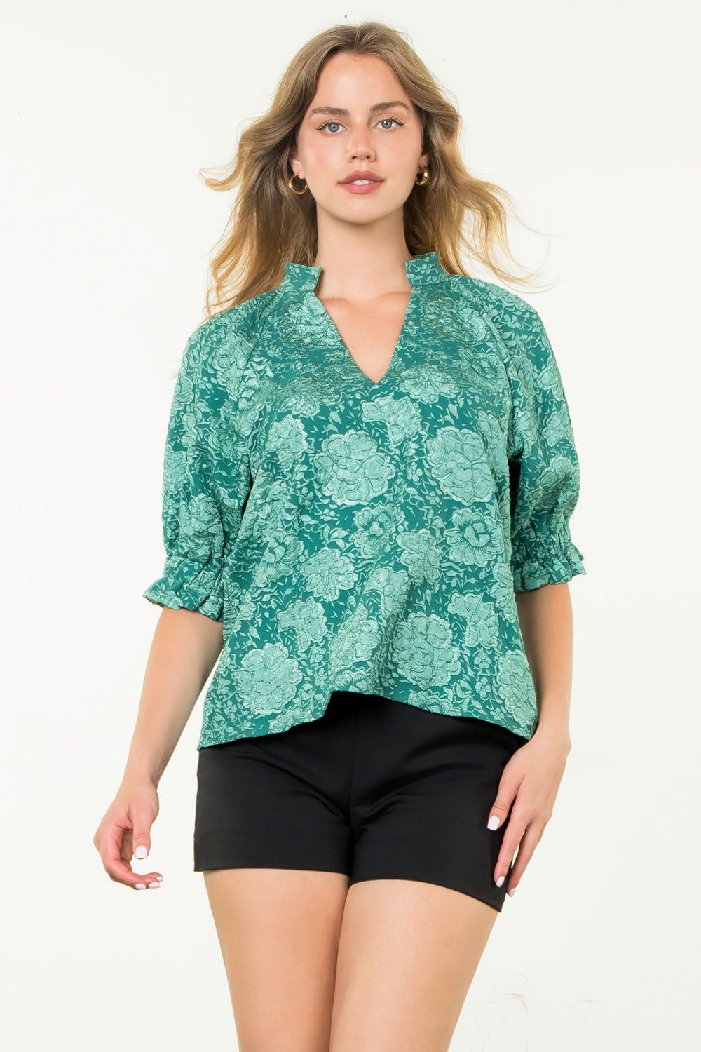 Grier Green Floral Puff Sleeve V Neck Top