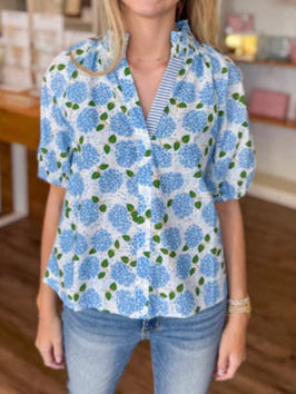 Heidi top in Navy and White with Hydrangea Print
