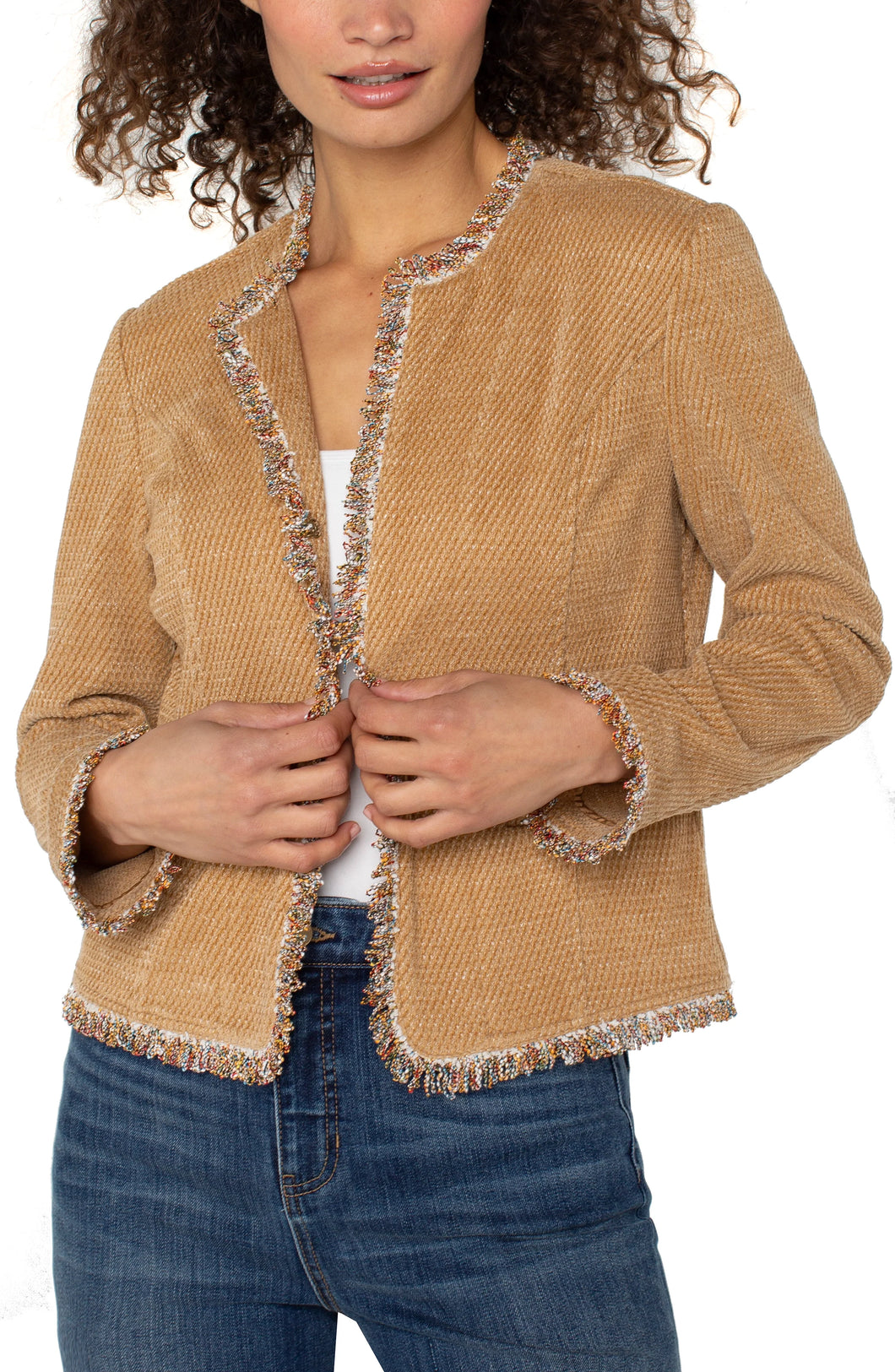 Honey Camel color Collarless Jacket with Ribon Frey Trim