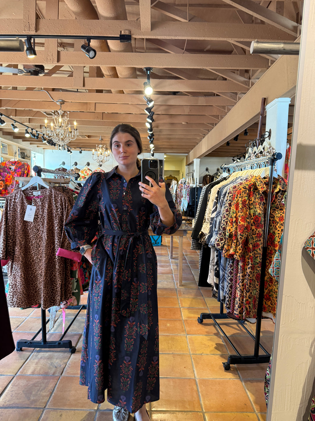 Leeza Navy Button down Dress with Red and Green Floral Pattern and puff Sleeve