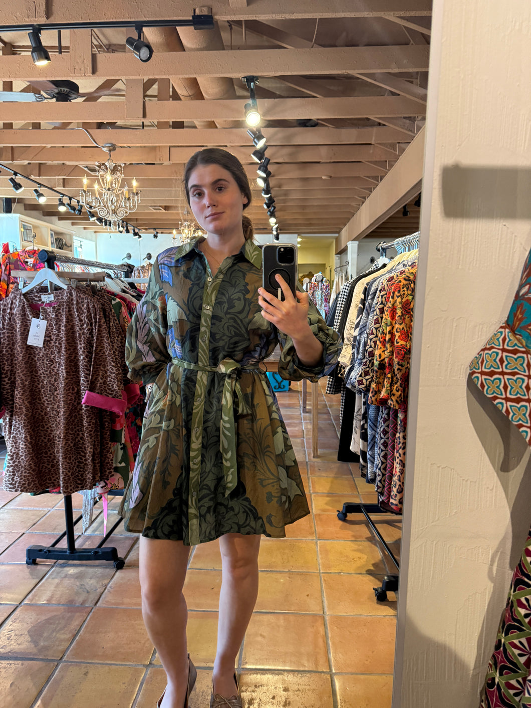 Nellie Green leaf pattern Button Down Dress with Tie waist