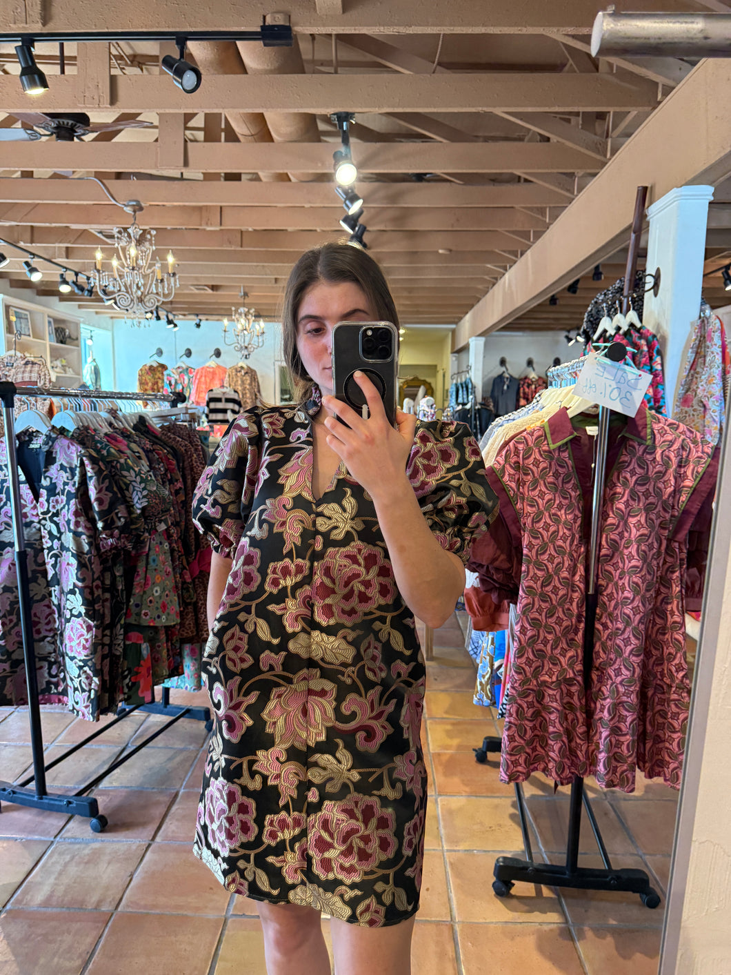 Jackie Holiday Black and Pink Floral V Neck Puff Sleeve Dress