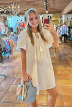 Load image into Gallery viewer, Samantha White Eyelet Short Sleeve Dress with Tassel Tie
