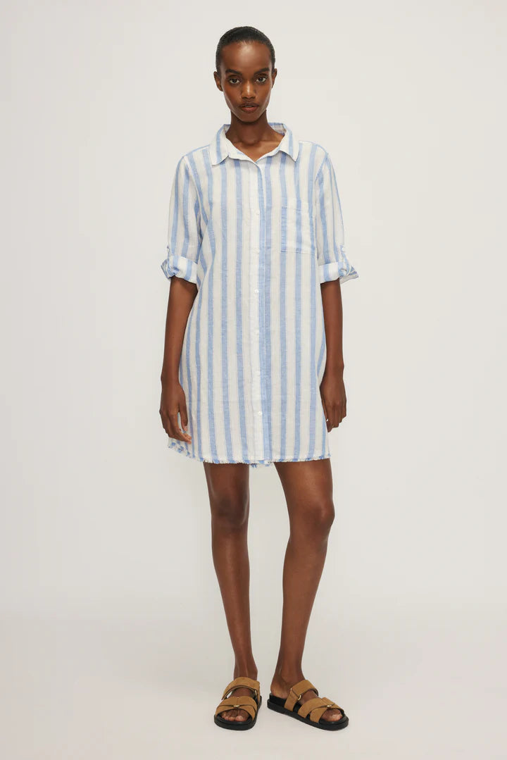 Josie Light Blue and White Wide Striped Button Down Dress
