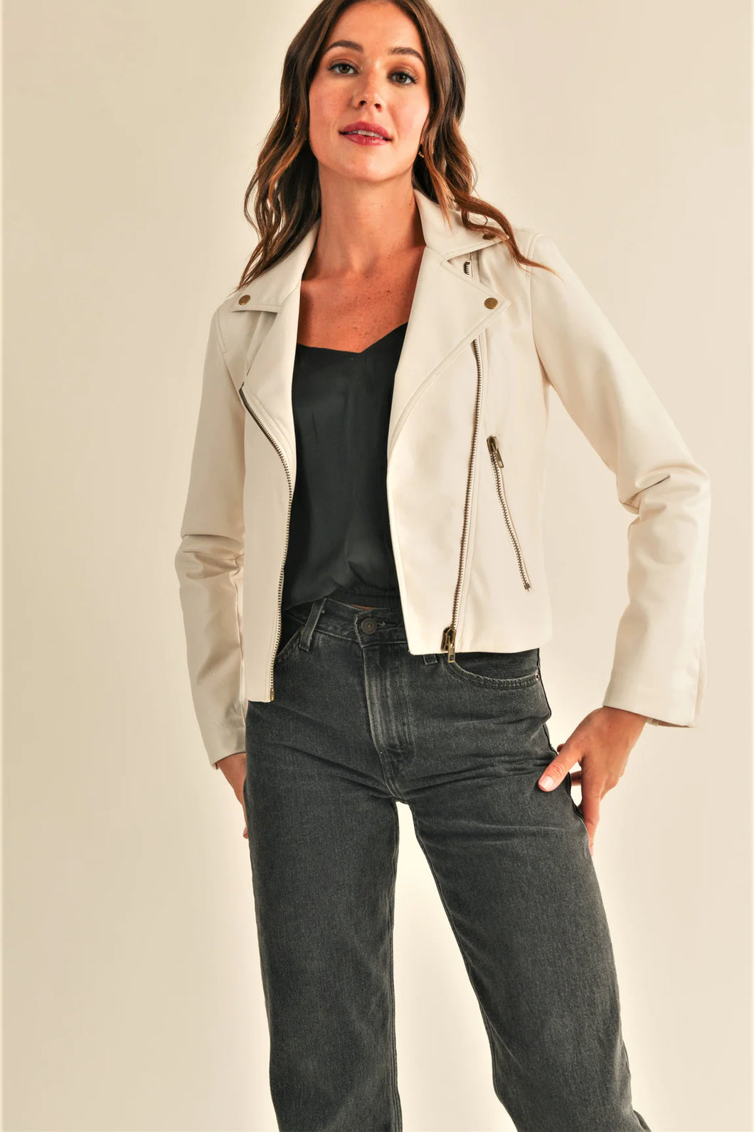 Juno off White Faux Leather Biker Style Jacket with Zip Detail