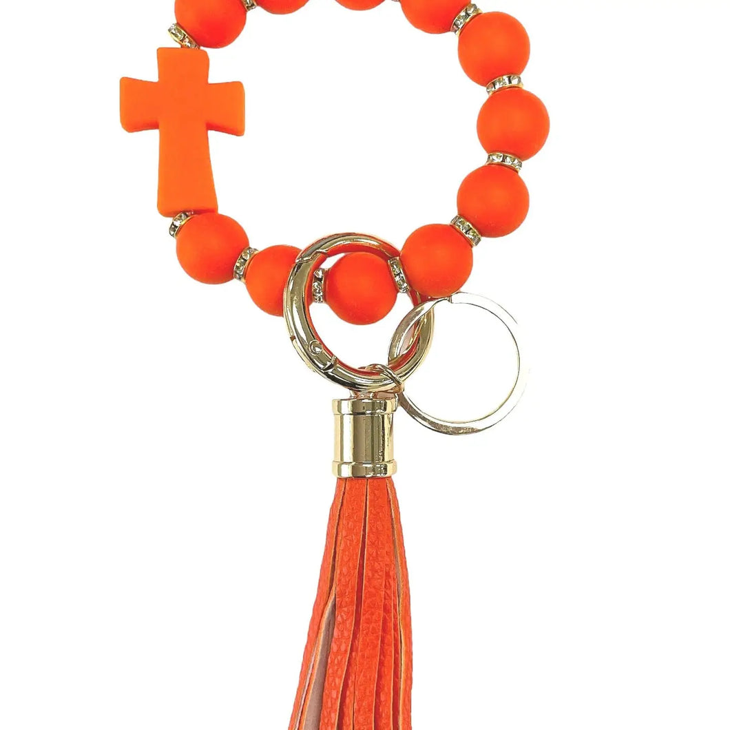 Cross Beaded Rubber Key Chain with Tassel