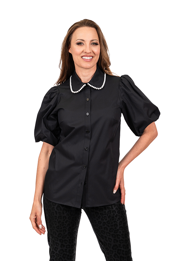 Langly Black Pearl Trimmed Collar Top with Puff Sleeve