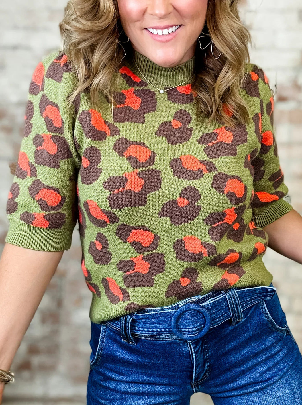 Leland Olive and Orange Leopard Print 3/4 Sleeve Sweater