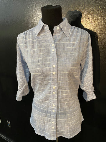Linear Denim and White Strip Top with Gathered 3/4 Sleeve