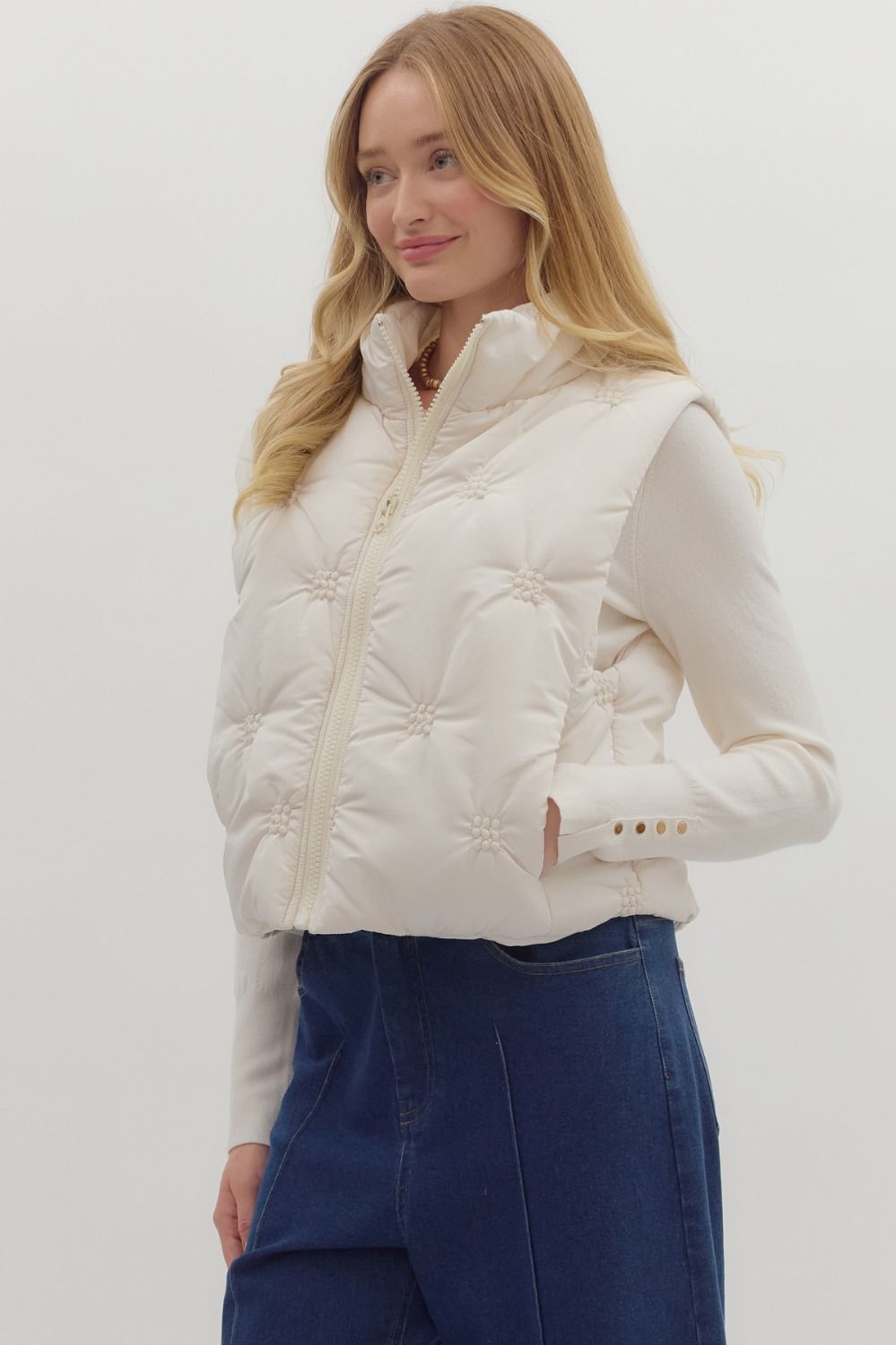 Liza Cream quilted zip up vest