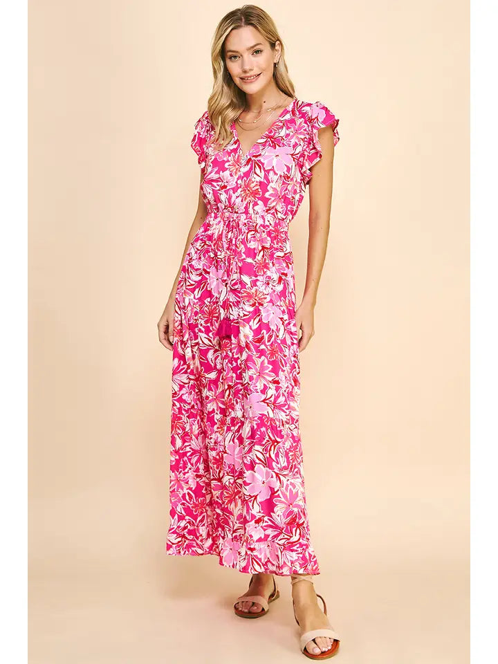 Lucy Pink and White Paterned Tiered Midi Dress