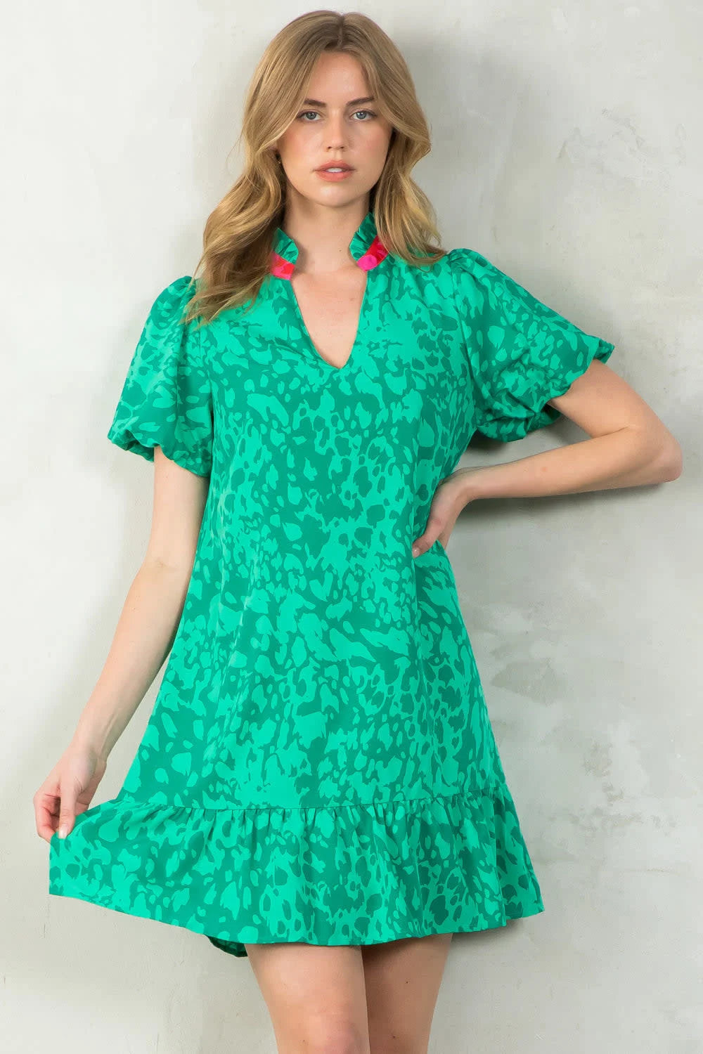 Madeline Green Print dress with Pink Collar accent