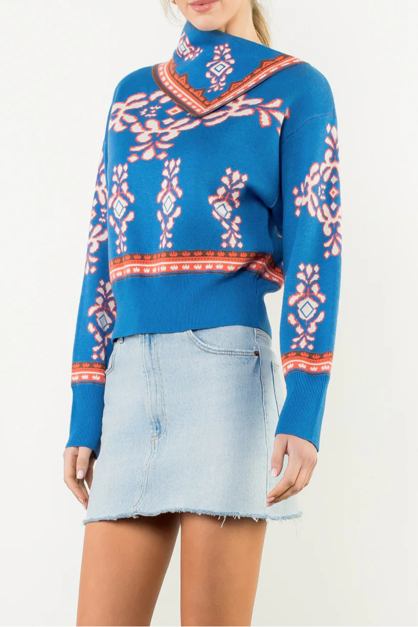 Maj Royal blue and organge Print Sweater with turn down colar