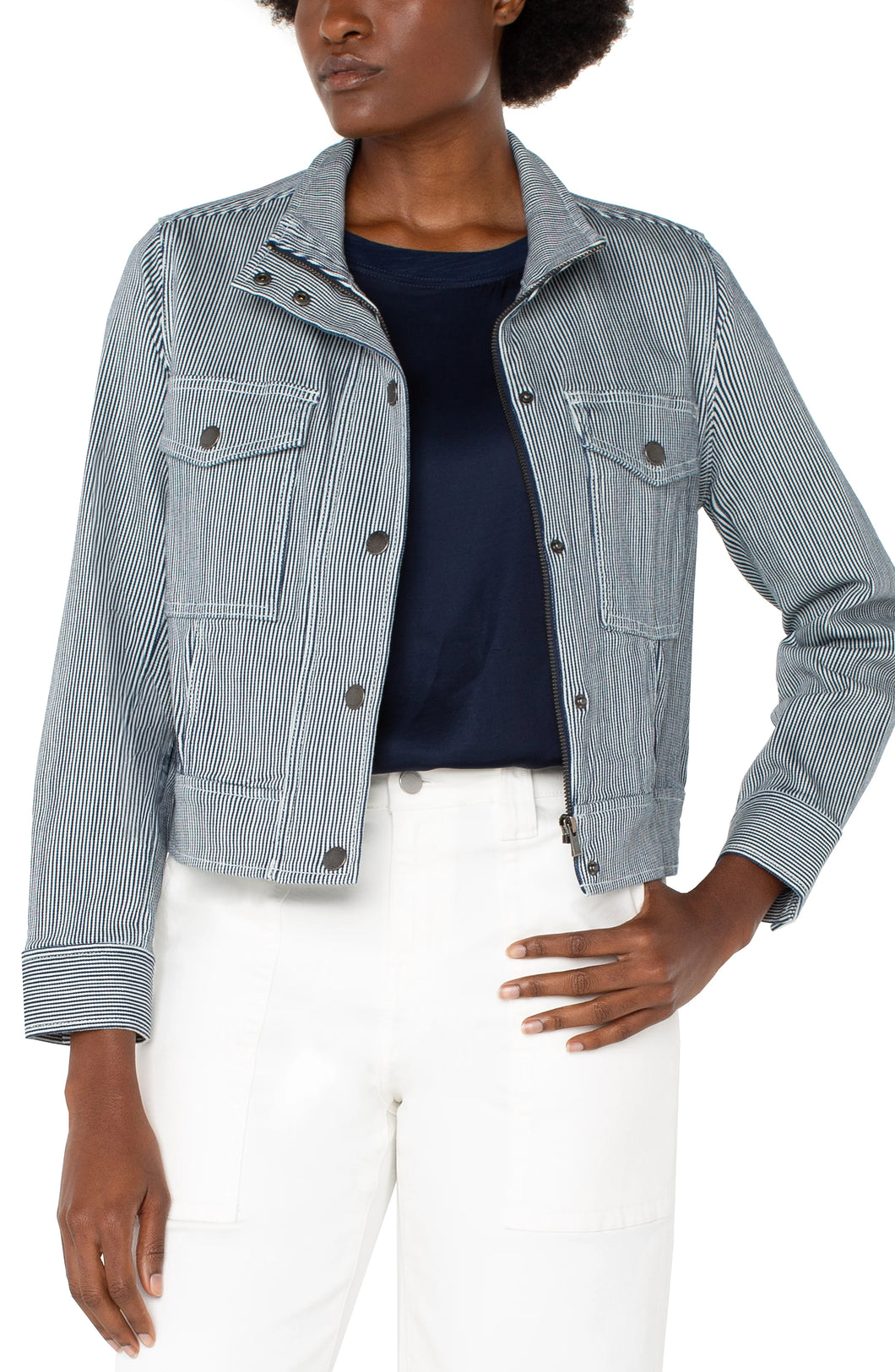 Maritime Navy and White Stripe Jean Jacket
