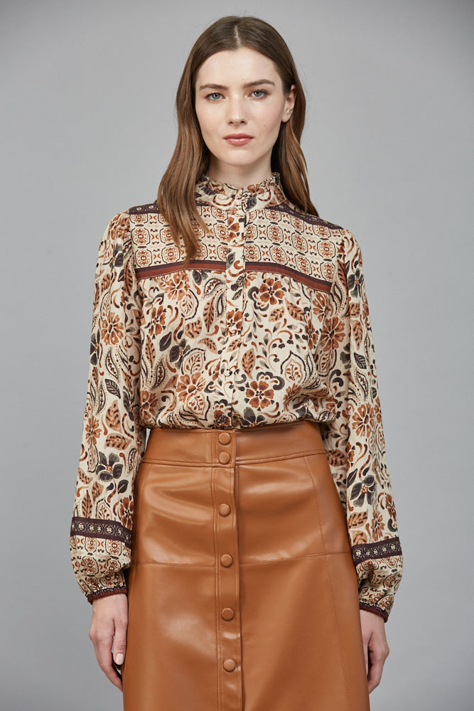 Marny Brown and Beige Printed Ruffle Neck Top