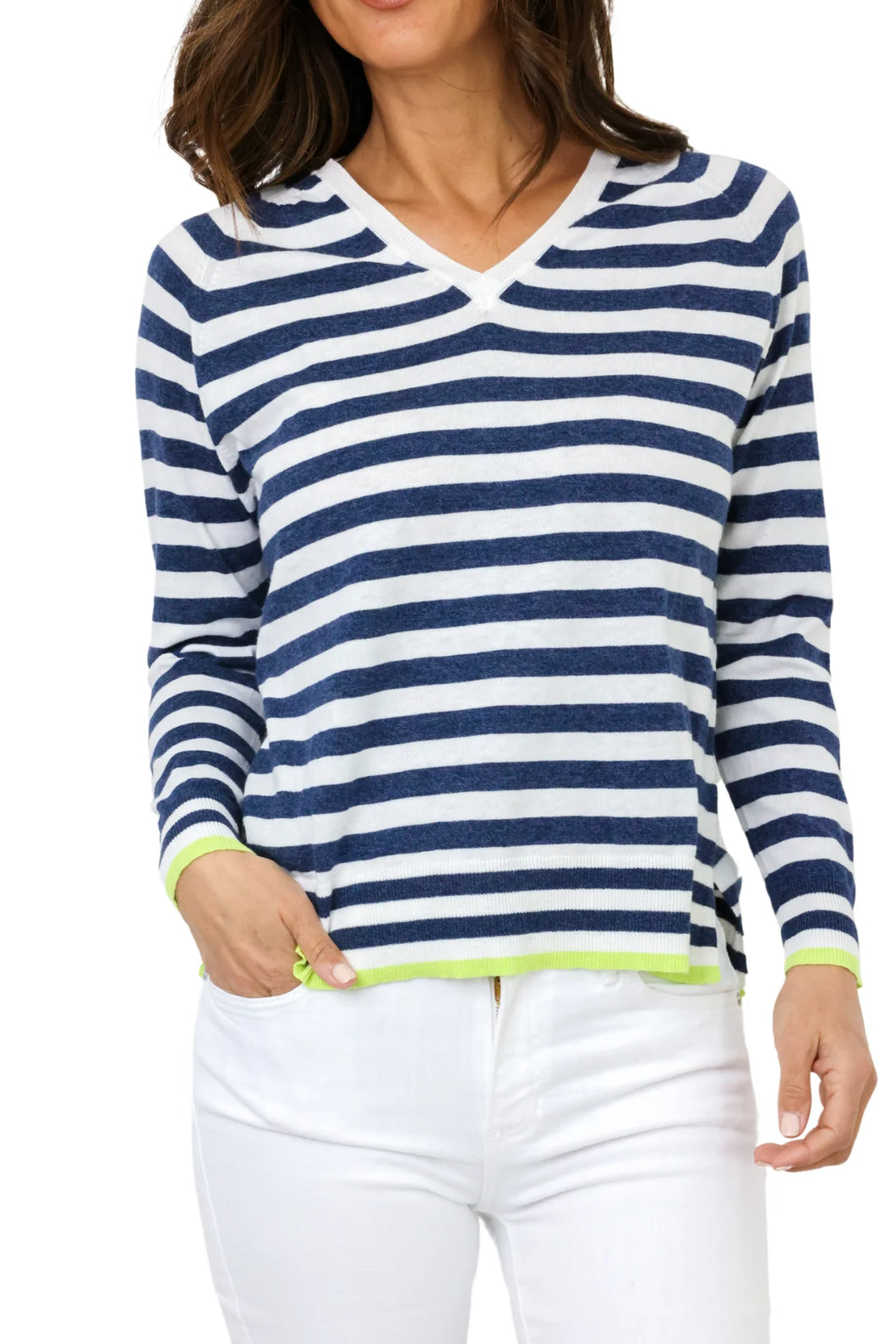 Nautic Navy and White Stripe with Lime green Trim V Neck Sweater