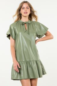 Alexander Olive Faux Leather Dress with a Tie