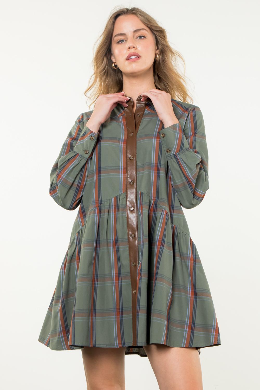 Brynn Olive Plaid Button Down Dress with Brown Faux Leather Collar