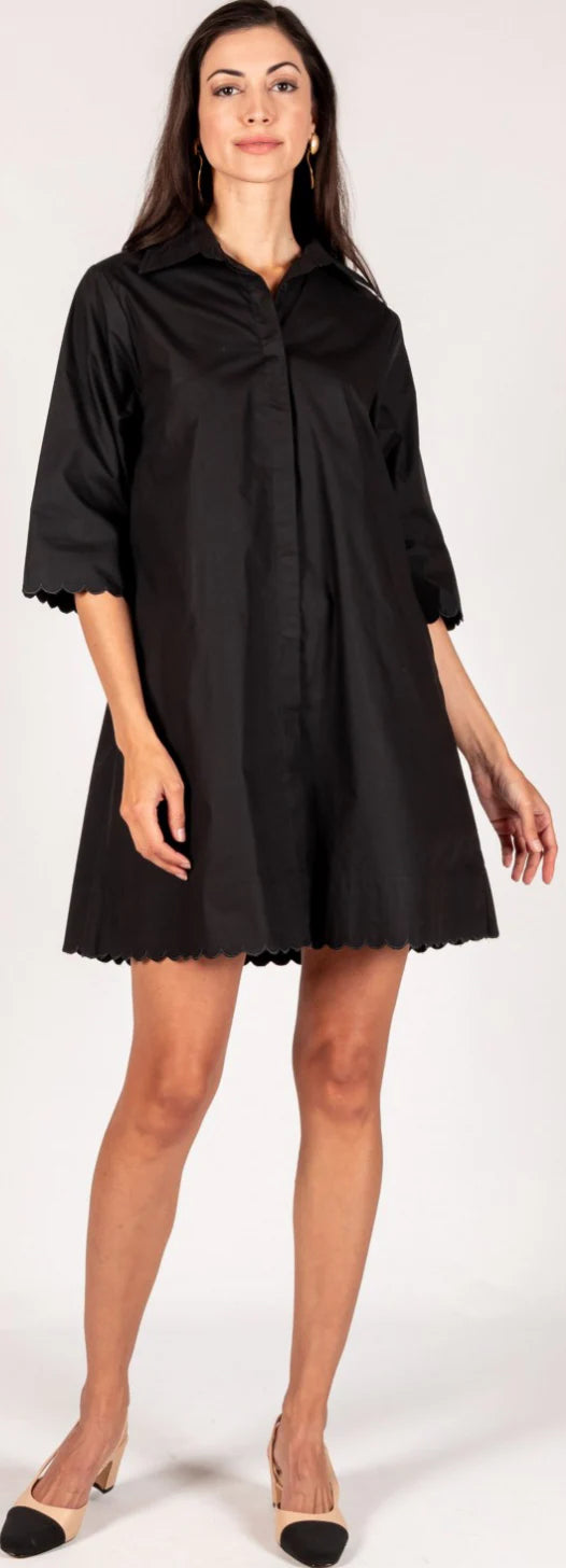 Catalina Black Button Dress with Scalloped Hem