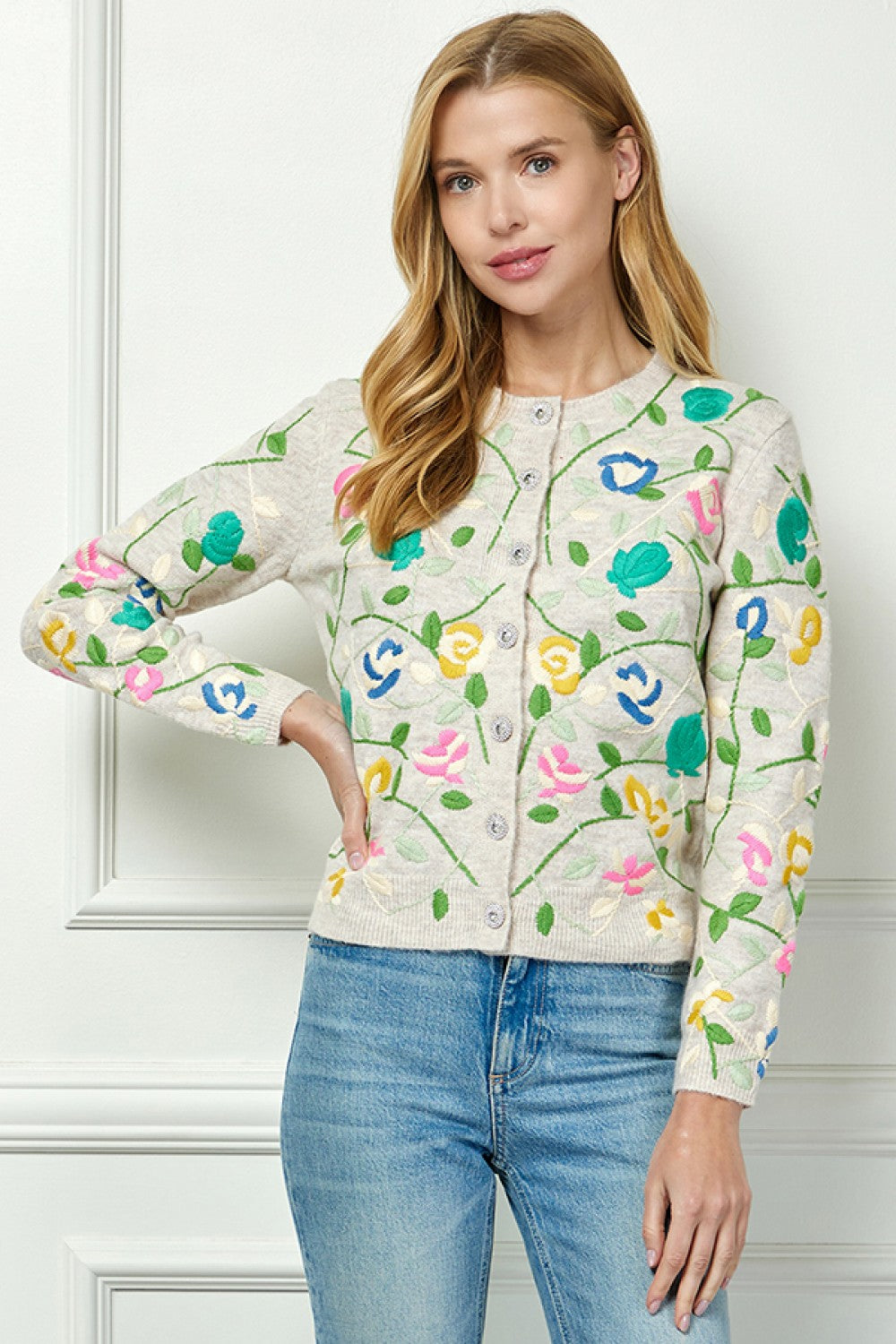 Priscilla Floral Embroidered Cardigan with Rhinestone Buttons
